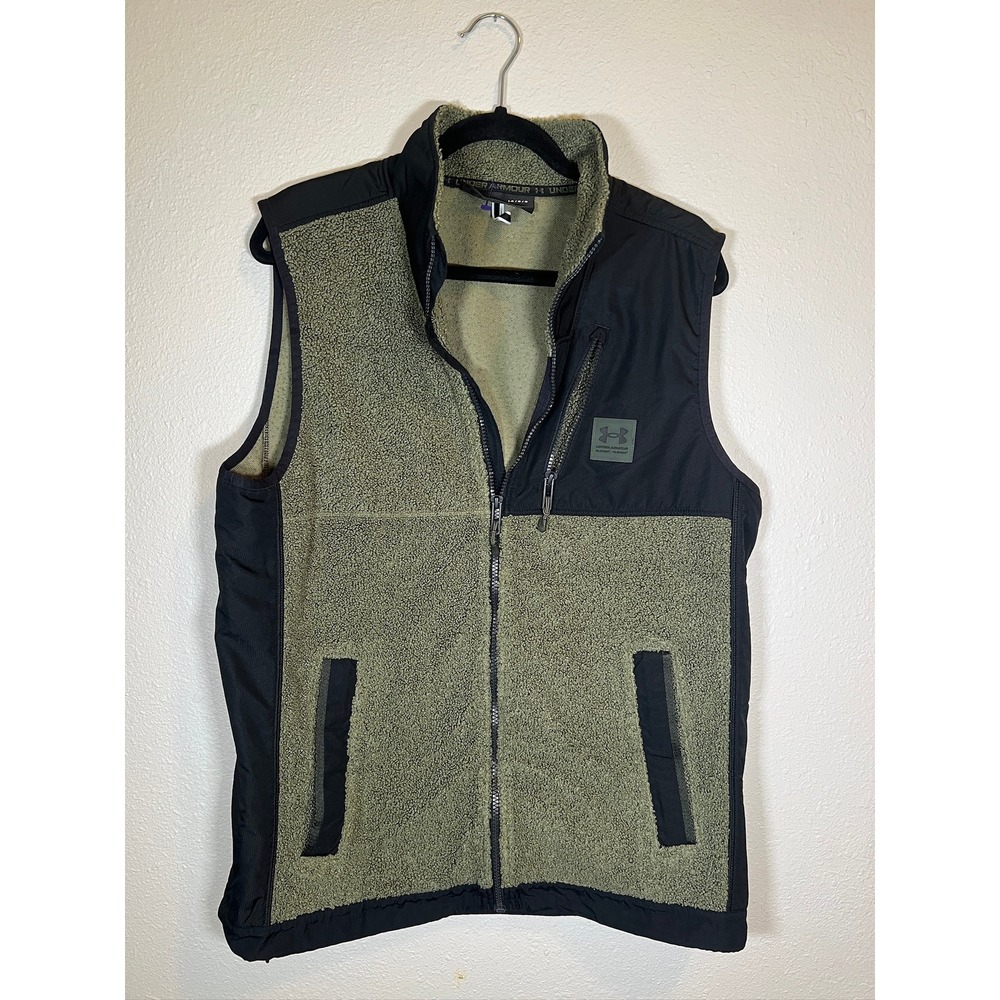 Under Armour Sherpa Fleece Vest Mens Large Green Black Full Zip Ripstop Overlay